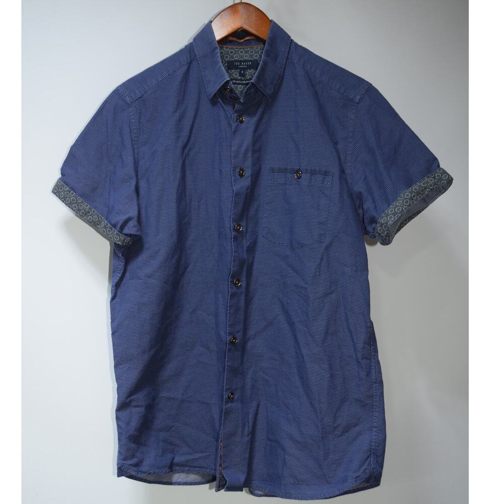 Ted Baker London Blue Micro Dot Short Sleeve Button Front Shirt Men's Size 4 L